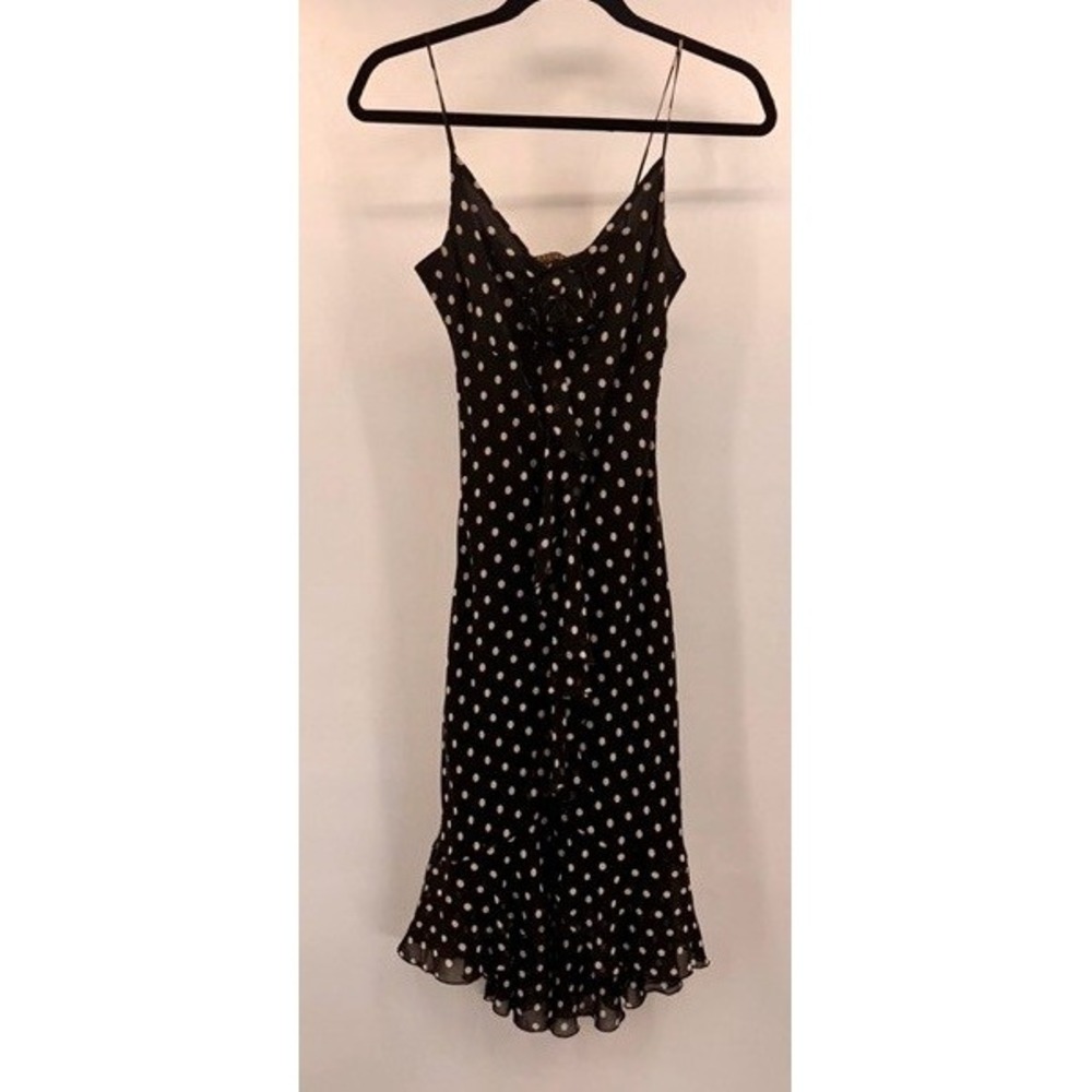 Vintage Georgiou Black White Polka Dot Silk Ruffle Midi Dress SZ 2 Coquette